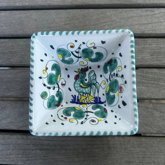 Sambuco Mario Deruta Italy Green Rooster Square Small Bowl - Picture 5 of 7